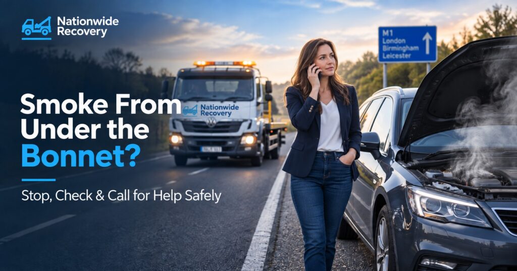 Smoke coming from under a car bonnet with a driver calling for safe roadside recovery help