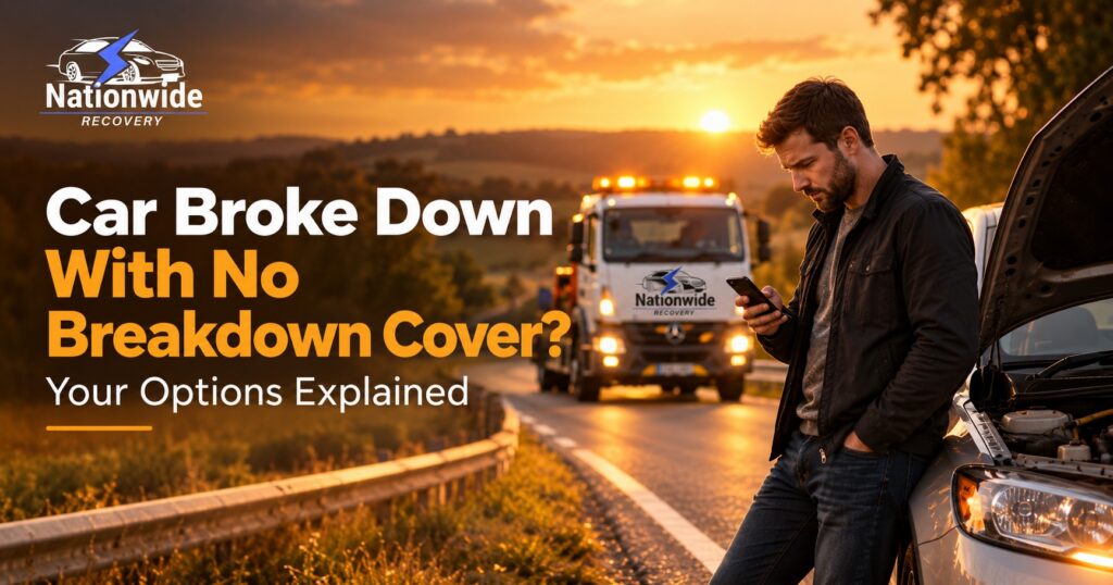 Driver with broken-down car getting recovery help without breakdown cover
