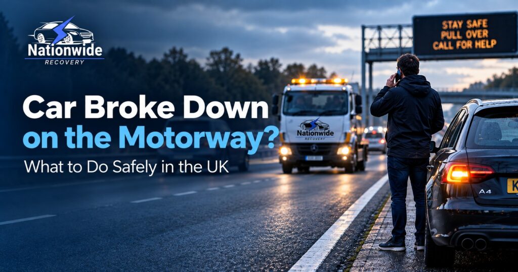 Car broken down on UK motorway with recovery truck arriving