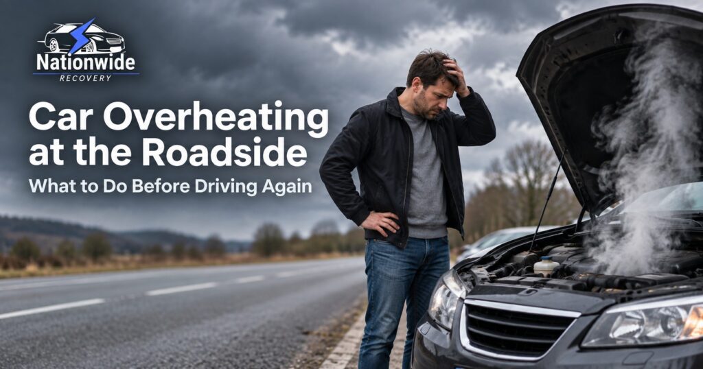 Overheating car at the roadside with the bonnet open and light heat rising, showing what to do before driving again.