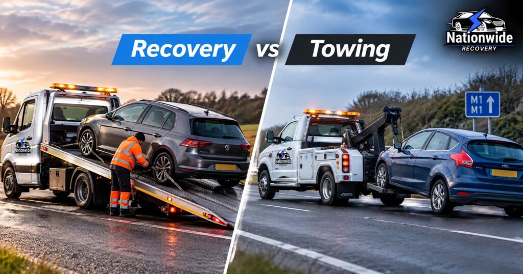 Car recovery and towing comparison image showing a roadside assistance vehicle helping a broken-down car for Nationwide Recovery.