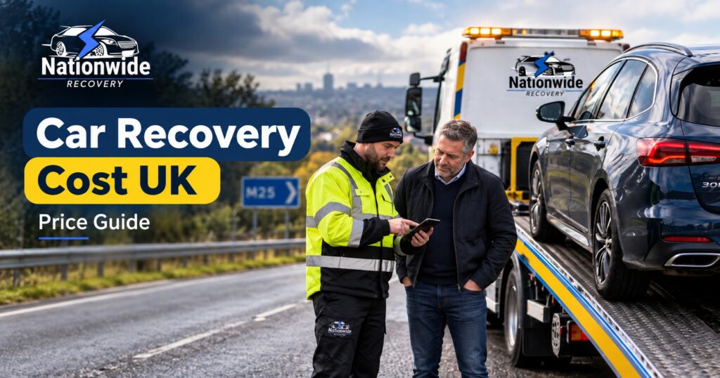 UK car recovery cost guide with recovery truck and customer.