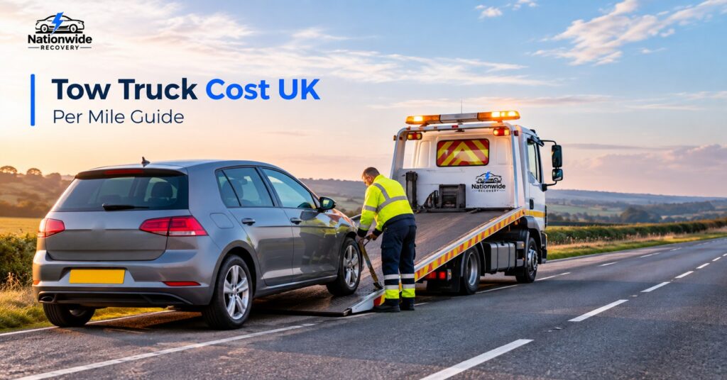 Tow truck loading a car on a UK roadside for tow truck cost per mile guide by Nationwide Recovery.