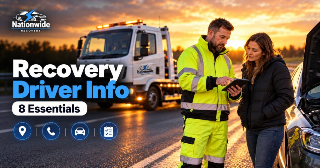 Recovery driver collecting essential dispatch information beside a roadside assistance vehicle and broken-down car for Nationwide Recovery
