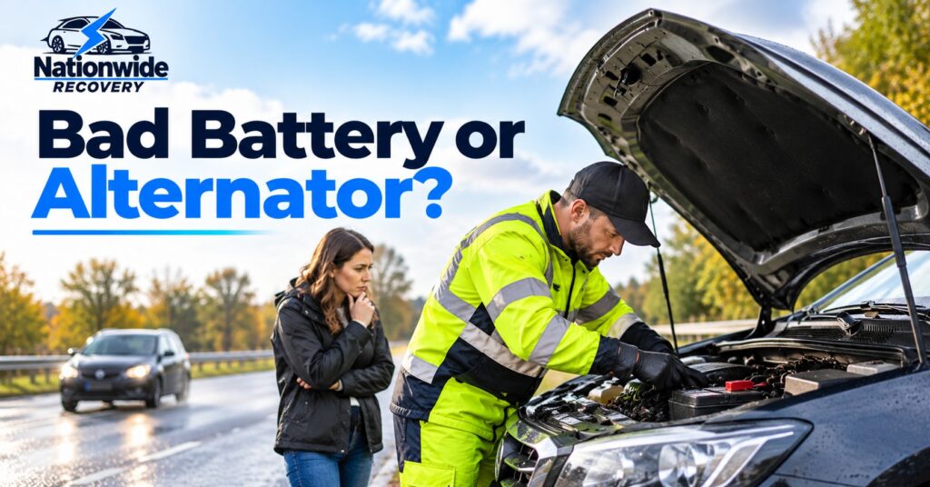 Bad battery or alternator diagnosis as a roadside recovery technician checks a car that will not start.
