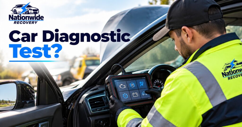 Nationwide Recovery technician performing a car diagnostic test with a scan tool to identify vehicle faults and warning issues.
