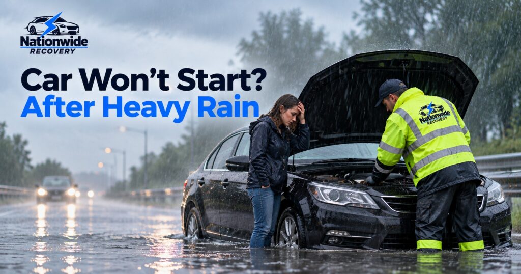 Car won’t start after heavy rain as a roadside recovery assistant checks the engine in wet conditions.