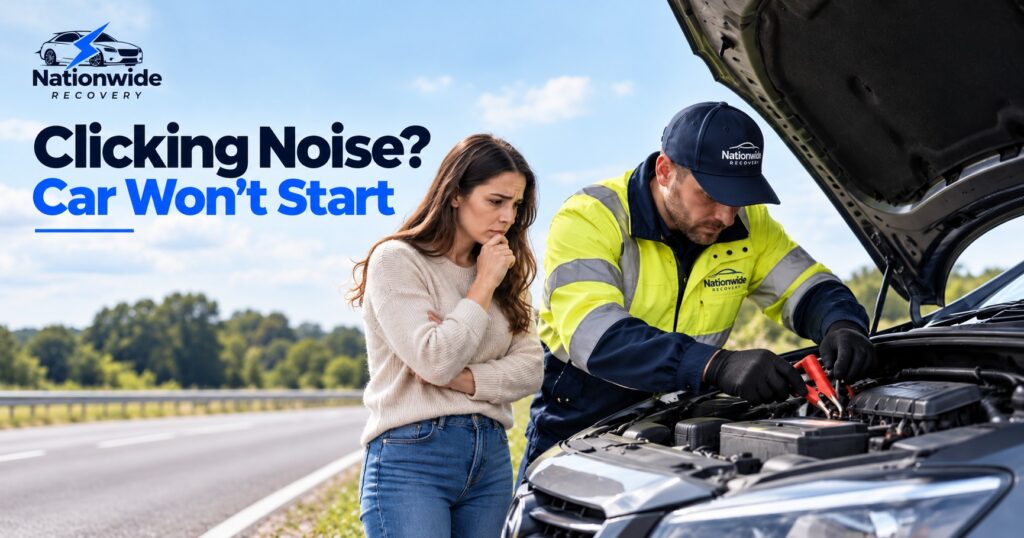 Car won’t start clicking as a Nationwide Recovery technician checks the battery and engine at the roadside.