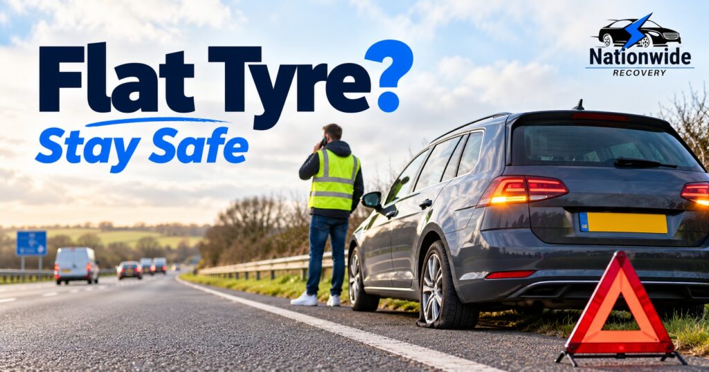 Flat tyre on a UK roadside with a warning triangle as a driver waits safely for roadside assistance.